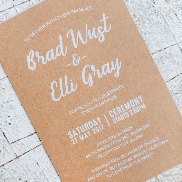 Wedding Invitation / Save the Date - Eco Recycled Buffalo Kraft Paper White Ink