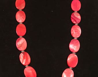 Red Dyed Mother of Pearl Shell Oval Beads, Quartz Gemstone and Sterling Silver Beaded Jewelry Statement Necklace