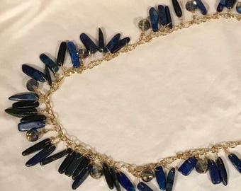 Blue Lapis Gemstone Chips and Crystal Beaded Long Gold Chain Jewelry Statement Necklace