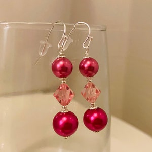 Long Pink Rose Magenta Glass Pearls Swarovski Crystal & Gold bead jewelry statement dangle drop earrings