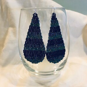 Large black iris stripe brick stitch beaded jewelry statement teardrop dangle drop earrings