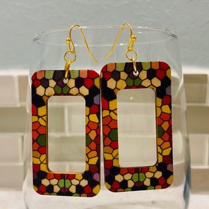 Long Multicolor Brown Rainbow Wood & Gold Rectangle Statement Drop Dangle Jewelry Earrings