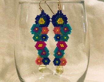 Multicolor blue pink gold floral long brick stitch beaded jewelry statement dangle drop earrings