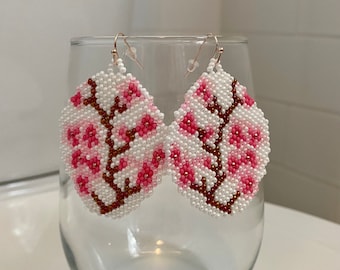 Large pink white rose gold floral cherry blossom brick stitch circle beaded jewelry statement dangle drop earrings