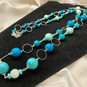 Long Multicolor Turquoise Blue Stone Glass Beads and Silver Hoop Chain Statement Jewelry Layer Necklace