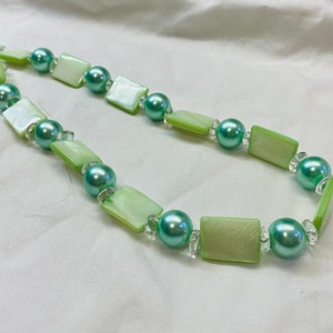 Green MOP Shell Beads, Glass Pearl & Sterling Silver Beaded Jewelry Statement Necklace