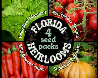 FLORIDA HEIRLOOM Seeds 4 Pack - Seminole Pumpkin Seeds, Everglades Tomato Seeds, Florida Grove Pepper Seeds, Florida Broadleaf Mustard Seeds