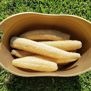 May include: A brown plastic tub filled with several dried loofah sponges. The loofahs are light brown and have a rough texture.