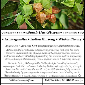 May include: A packet of 20 Withania somnifera seeds for planting. The packet includes information about the plant, including its growing conditions, germination time, and maturity time. The plant is also known as Ashwagandha, Indian Ginseng, and Winter Cherry.