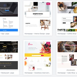 Könnte beinhalten: Eine Sammlung von Website-Vorlagen für verschiedene Unternehmen, darunter eine Anwaltskanzlei, ein Restaurant, ein Café und mehr. Die Vorlagen sind so konzipiert, dass sie visuell ansprechend und einfach zu bedienen sind.