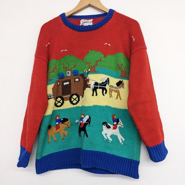 Vintage Cotton Salsa Peru Knit 3D Embroidered Caravan Horse Equestrian Wildlife Western Colorful Multicolor Sweater M