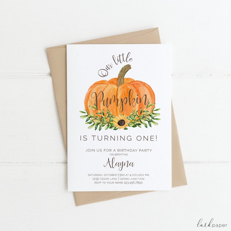 Sunflower Autumn Party Celebration Turning One Invite L2-05 Orange Pumpkin Our Little Pumpkin Birthday Invitation