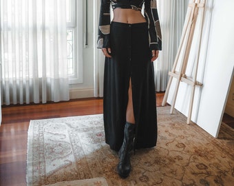 Veron skirt, Long skirt Recycled coton ,Long front slit ,Front button and zipper, Low waist Black