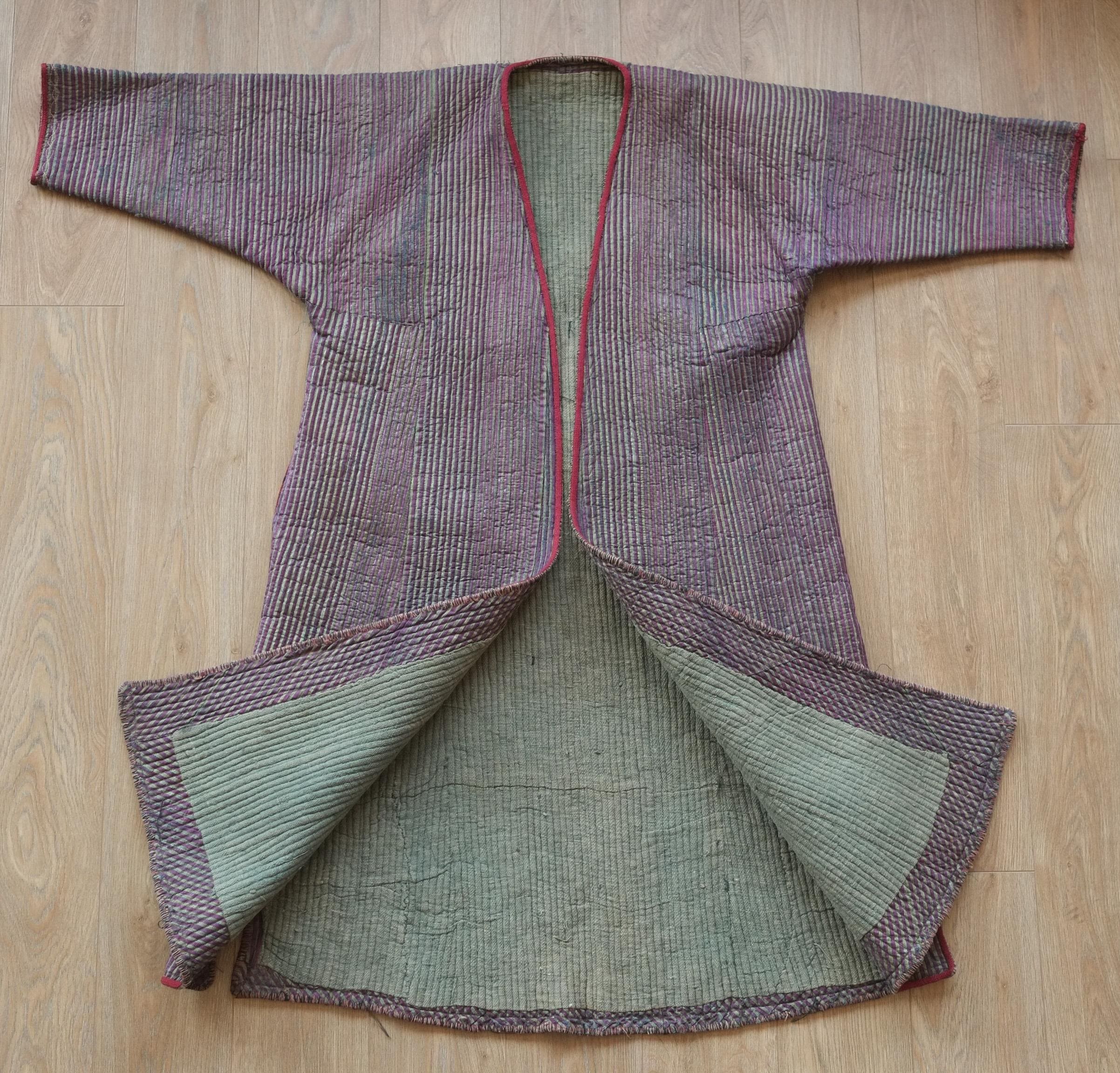 Green and Purple Striped Silk Quilted Uzbek Chapan Coat