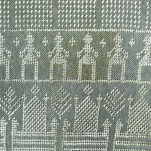 Puede incluir: Primer plano de una tela detallada de tejido abierto con un patrón repetitivo. El diseño presenta filas de figuras estilizadas y formas geométricas en blanco sobre un fondo verde apagado. La tela tiene una apariencia delicada y de encaje, lo que sugiere un elemento textil o decorativo.