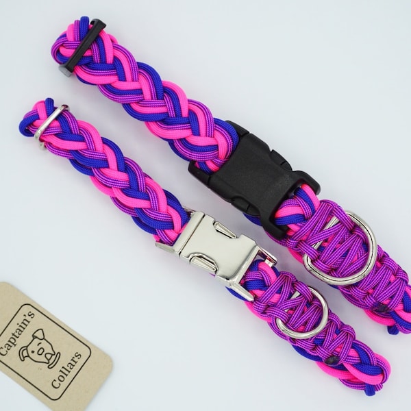 Electric Blue and Neon Pink Dog Collar, Braided Adjustable Paracord Collar