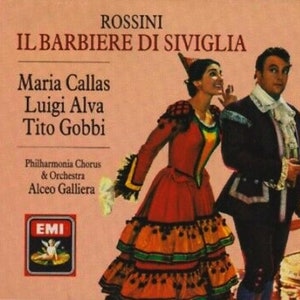 May include: A vintage record album cover featuring a color illustration of two opera singers. The album is for the opera "Il Barbiere di Siviglia" by Rossini. The singers are Maria Callas, Luigi Alva, and Tito Gobbi. The album is from EMI Records.