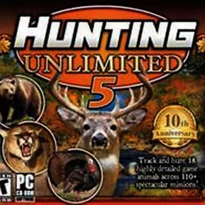 May include: The cover art for "Hunting Unlimited 5" features a deer with large antlers, a bear, a cougar, and a turkey. The game's title is in large white letters with an orange background. The cover also includes the text "10th Anniversary".