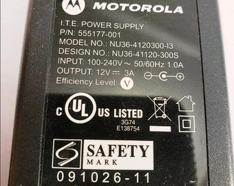 Motorola i.t.e Power supply p/n 555177-001 Model No. nu36-4120300-13 design no 41120-300s 12v 3a efficiency level V + sign is in the middle.