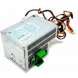 May include: A silver computer power supply with a green clip and a bundle of colorful wires. The power supply has a rectangular shape with ventilation slots and various labels.