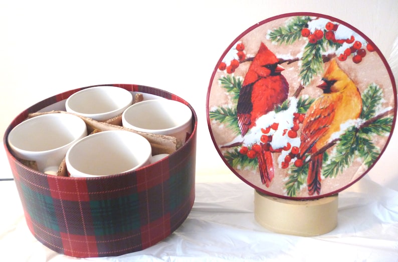 Christmas VINTAGE Plaid Tidings Cracker Barrel Cardinal Stoneware