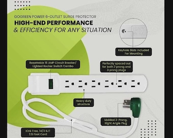 GoGreen Power GG-16103MS 6 Outlet Surge   Protector w/ 2.5' Cord  Brand Go Green Power Inc. Color White Material Copper, Polyvinyl Chloride