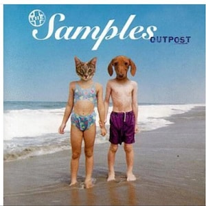 May include: Album cover for "The Samples Outpost" featuring two figures with animal heads, one a cat and the other a dog, holding hands on a beach. The cat-headed figure wears a blue bikini. The dog-headed figure wears purple shorts. The sky is blue.