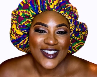 African Print Adult Sized Satin Lined Stretch Bonnet, Ankara Kente, Protective Style, Satin Lined for All Hair Types, Protection at Night