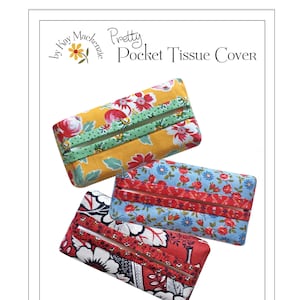 May include: Three fabric pocket tissue covers in the image. The covers are rectangular and feature floral patterns in red, blue, and yellow. The text reads "Pretty Pocket Tissue Cover" and "Dress up your pocket tissue pack!" The covers measure 5" x 2½".