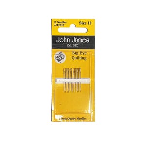 May include: A package of John James quilting needles, size 10, with 12 needles. The yellow and black packaging features the brand name, needle count, and the words "Big Eye Quilting."