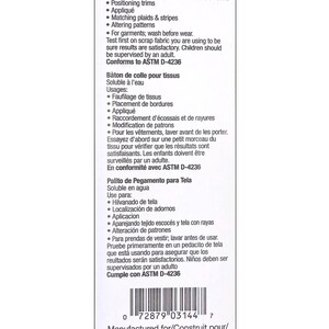 The back of the package. 'Fabric Glue Stick' and 'Water Soluble' with a list of uses for the glue stick.
