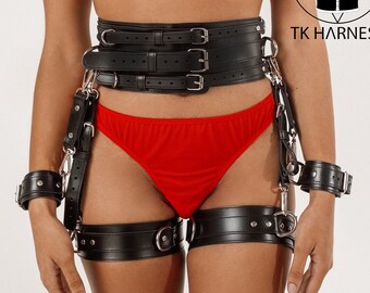 Bdsm restraints, Leather bondages set, Restraints for women, Leather garter belt, Bdsm handcuffs, BDSM gear, Thigh cuffs, Mature