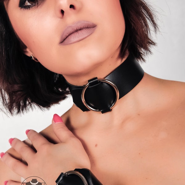 Leather choker collar, Wide choker necklace for women, Black leather choker, O ring choker, Collar women sub, Leather choker necklace