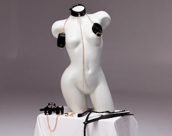 Tour de cou avec poignets, Harnais en cuir pour femmes, Ensemble de contrainte, Ensemble de poignets crépus, Collier ras de cou avec laisse, Collier de bondage, Attache de bondage