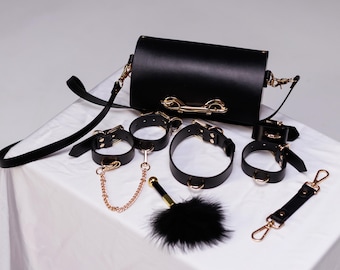 Bondage set, Faux Leather Bondage Kit, Bondage Collar and Cuffs, Black Bondage Kit, Restraint Bondage Kit, Couple Bondage Set, Fetish Gear