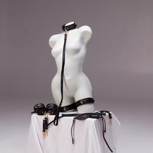 Restraints set, Collar and cuffs set, Bondage set leather, Ankle and wrist cuffs, Bondage gear, Fetish restraints, Blindfold adult play