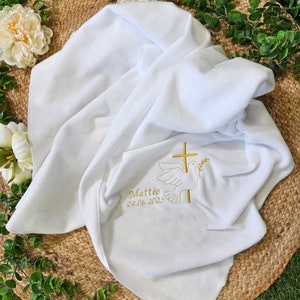 White baptism blanket Fleece embroidered CROSS AND DOVE and customizable Z-1 image 4