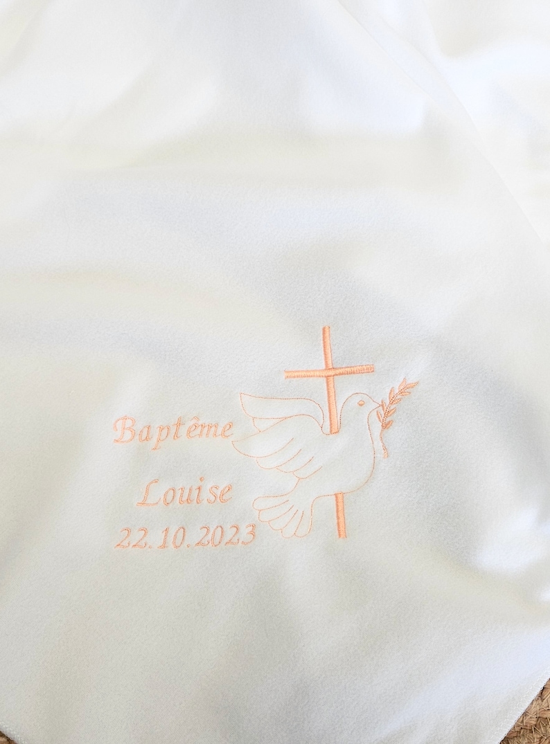 White baptism blanket Fleece embroidered CROSS AND DOVE and customizable Z-1 image 8
