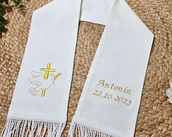 Linen and fringed baptism stole, pattern of your choice and customizable