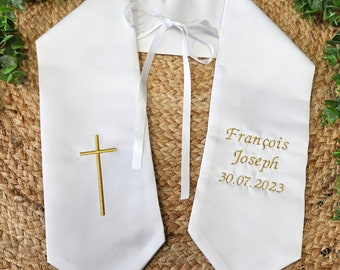 White satin baptism stole PATTERN OF YOUR CHOICE and customizable