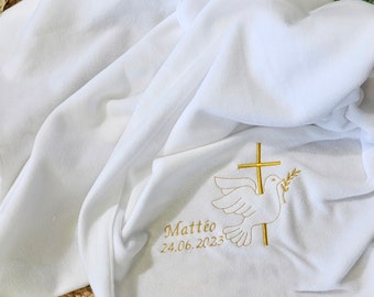 White baptism blanket Fleece embroidered CROSS AND DOVE and customizable - Z-1