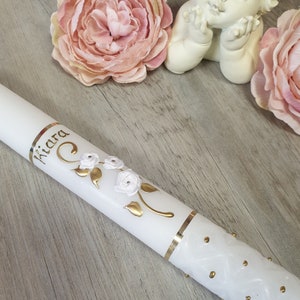 Real Candle Sculpted Candle for Personalized Baptism - Fabric Flowers - 41cm