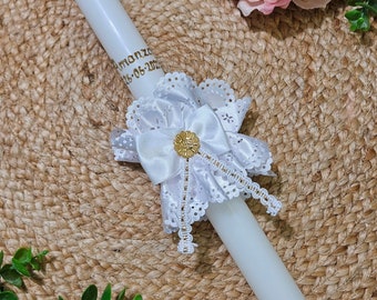 Real baptism candle with satin bow and customizable 45cm