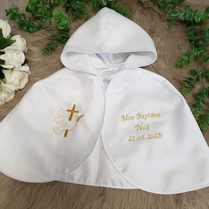 Satin White Baptism Cape Embroidered and Custom Cross and Dove image 1