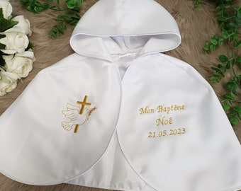 Satin White Baptism Cape - Embroidered and Custom - Cross and Dove