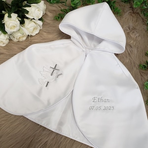 Satin White Baptism Cape Embroidered and Custom Cross and Dove image 3