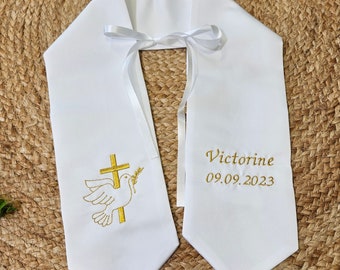 Étole de Baptême satin CROIX ET COLOMBE - personnalisable Z1