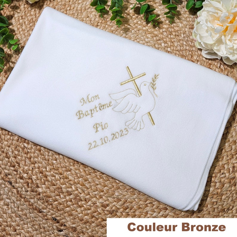 White baptism blanket Fleece embroidered CROSS AND DOVE and customizable Z-1 image 5