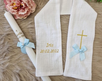 Baptism stole scarf and customizable candle with CHRISTIAN CROSS