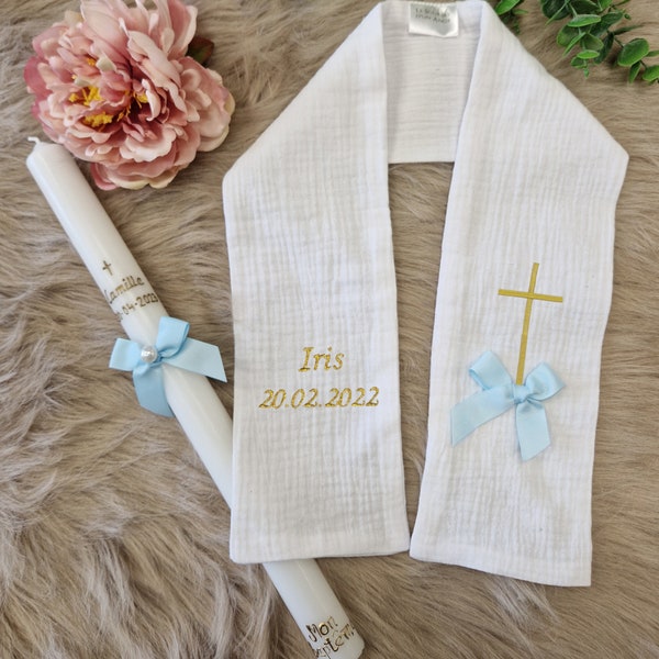 Baptism stole scarf and customizable candle with CHRISTIAN CROSS